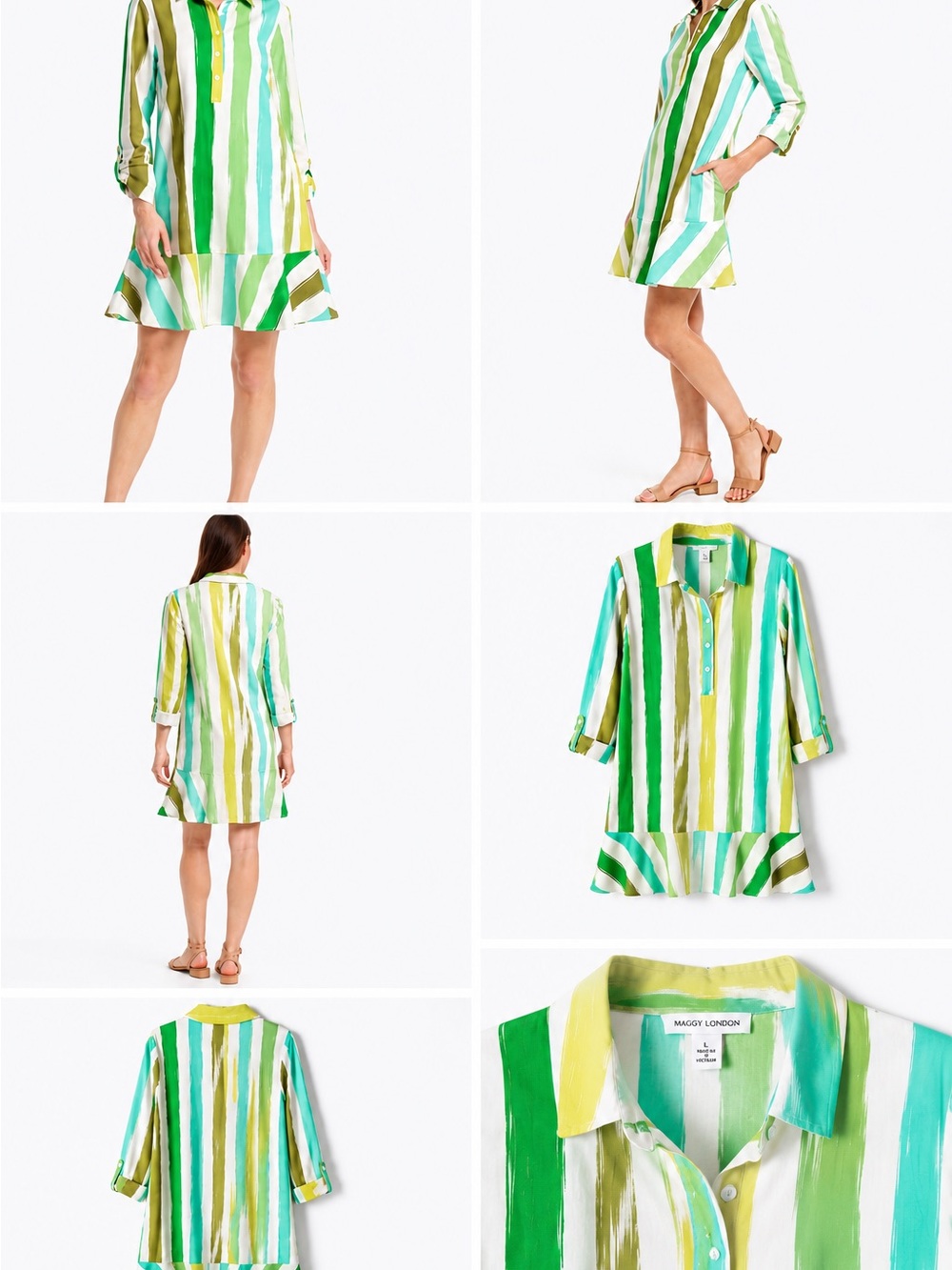Maggy London Striped Green, Aqua & White Shirt Dress
